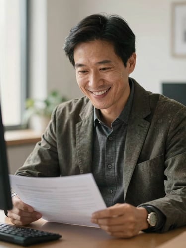 An authentic portrait of a professional mentor smiling warmly in a bright, daylight-filled office, reviewing documents, rich muted tones, shallow depth of field