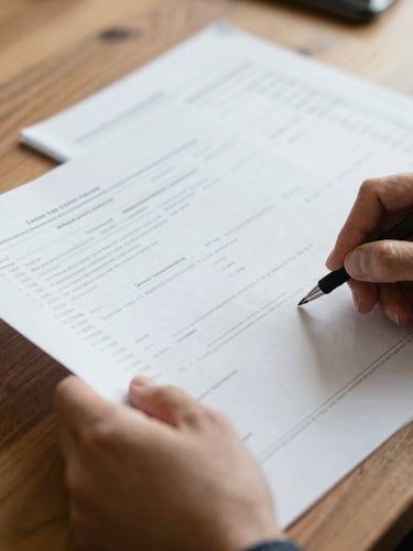 A close-up shot of hands reviewing clear financial documents and spreadsheets on a wooden table, soft natural daylight, shallow depth of field, authentic 35mm photography.