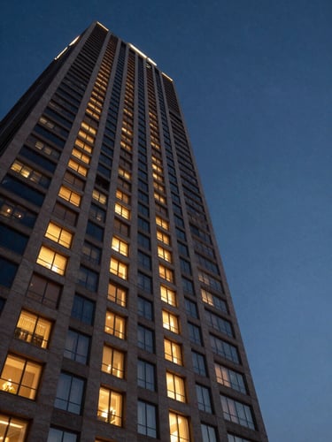 Wide cinematic frame looking up at a luxury high-rise tower facade at blue hour, warm amber light spilling from interior windows against a deep indigo sky, glass and concrete geometry dominating the left edge, generous dark sky on the right