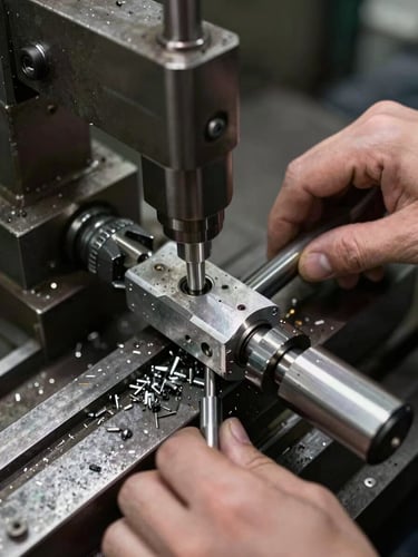 Close-up overhead view of gripper fabrication on a metal lathe, machined aluminum jaws mid-process, tungsten workshop lighting, metal chips scattered on worn steel surface, hands steadying the workpiece