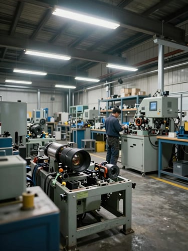 Wide environmental shot of an active industrial workshop floor during maintenance shift, overhead fluorescent and tungsten lighting, machinery partially disassembled in foreground, technician's back visible working on equipment in mid-ground, concrete floor and steel shelving in background