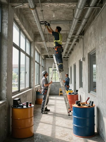 Wide environmental shot of a building maintenance crew working on a facility corridor, one worker on a ladder attending to overhead conduit, natural daylight from high windows, concrete walls, tools and cable drums on the floor