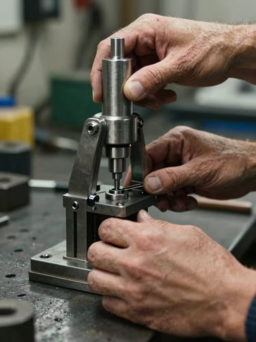 Extreme close-up of calloused hands assembling a pneumatic gripper on a steel workbench, tungsten shop lighting casting warm shadows on knuckles and metal fittings, industrial workshop background blurred