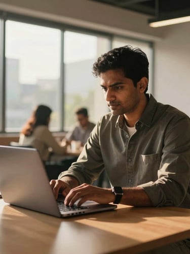 Medium candid shot of a determined Indian professional working on a laptop in a bright, modern Delhi co-working space, warm golden hour sunlight streaming through windows.