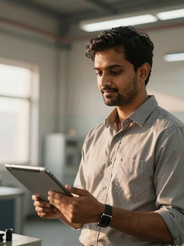 A confident Indian mechanical engineer in a clean modern workshop, holding a tablet, natural bright daylight, warm golden undertones
