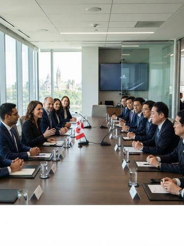 Professional bilateral delegation meeting in a modern Ottawa office, diverse group, crisp suits, natural daylight, wide shot.