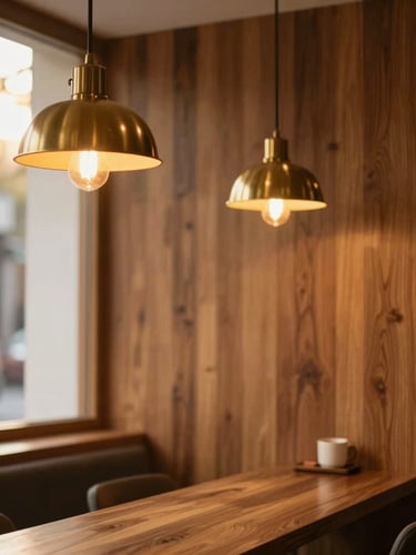 Warm editorial portrait of a cozy modern tea salon interior, glowing brass pendant lamps, rich wooden textures, soft side-lighting, 35mm.
