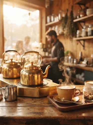 Warm editorial photography of a modern wooden tea kiosk counter, golden-hour window light reflecting on polished brass kettles, steaming cups of amber chai, 35mm