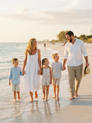 Candid medium shot of a family walking along a sun-bleached Sarasota beach during warm golden hour, wearing light linen clothing, soft 35mm film style, shallow depth of field