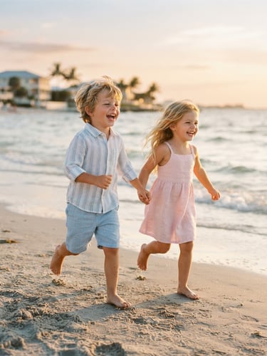 Candid medium shot of two young children laughing and running on a sunny Sarasota beach, wearing light linen clothing, soft warm golden-hour daylight, 35mm film.