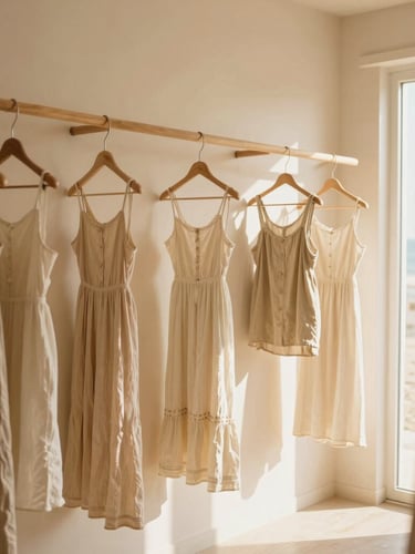 Warm interior of an airy coastal boutique with sandy beige walls and soft wooden racks, sun-bleached garments hanging under diffused natural window light