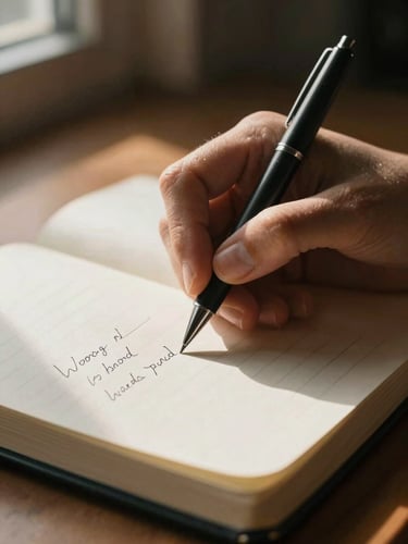 Extreme close-up of hands resting on an open journal, pen mid-pause on a half-written sentence, warm window light raking across the page from the left, background falling into soft darkness, film-still quality