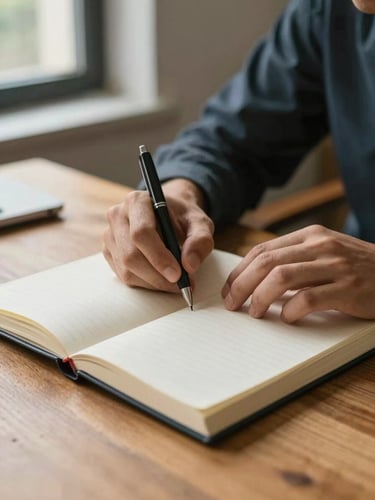 Close-up of a young man's hands resting on an open notebook on a wooden desk, natural north-facing window light falling across the page, a pen mid-rest, warm and unhurried