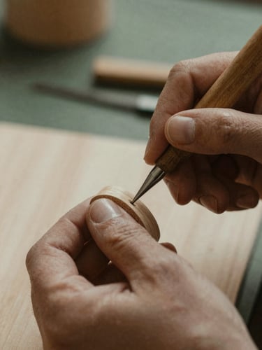 Close-up of skilled hands meticulously carving a wooden decor piece, soft warm side-lighting highlighting the texture of the wood and the artisan's tools, shallow depth of field, muted forest green and beige tones.