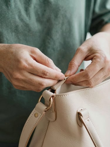 Artisan's hands meticulously stitching a leather tote bag, soft natural light, focus on texture and detail, warm editorial photography, muted forest green and beige tones, shallow depth of field, 35mm