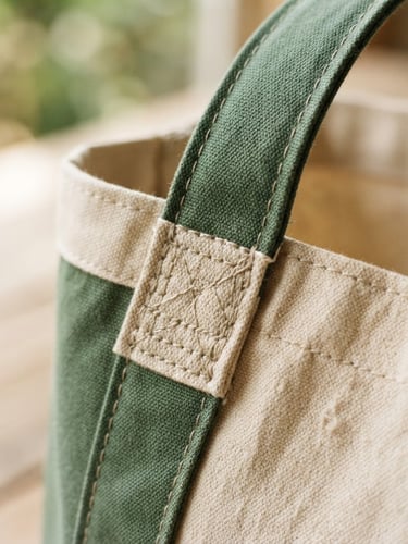 Close-up of a high-quality organic cotton tote bag, showing meticulous stitching and reinforced handle attachment, soft natural side-light, muted forest green and beige tones, shallow depth of field, 35mm, editorial framing.