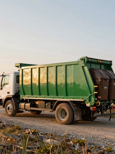 A clean green roll-off truck delivering a brown bin onto a gravel driveway in rural Alberta, wide environmental shot, golden hour daylight, 35mm