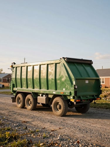 A clean green roll-off bin parked neatly on a gravel driveway under a bright Alberta sky, golden-hour light, 35mm photography