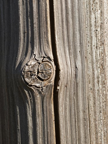 Macro detail photography of dry, splitting wood fence post, deep checking cracks, harsh sunlight emphasizing high-contrast textures.