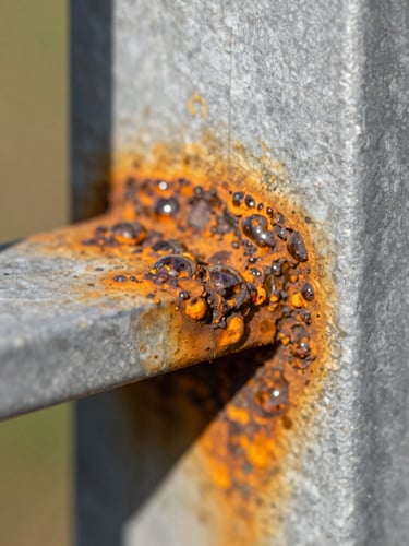 Macro detail of rust scaling on a steel fence bracket, bubbling orange oxidation under direct sunlight, sharp metal texture focus.