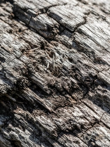 Macro detail of weathered cedar wood grain under harsh direct sunlight, showing deep silver-grey fiber breakdown and wood checking, sharp texture focus.