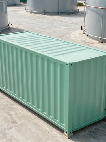 Extreme wide-angle technical shot of an industrial lithium-ion battery storage container (BESS) in a clean concrete yard, bright high-contrast daylight, sharp shadows, technical mint-green accents on the metal enclosure.