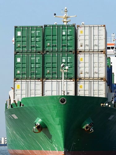 Straight-on technical shot of a cargo vessel loaded with green and white industrial shipping containers, bright daylight, crisp shadows, clear sky.