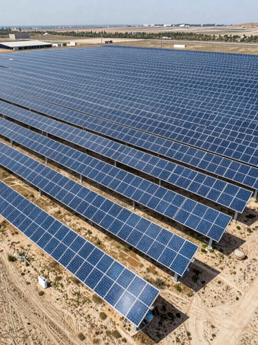 Extreme wide-angle drone shot of a massive utility-scale solar farm in a semi-arid region, bright high-contrast daylight with crisp shadows, reflecting real-world operating conditions.