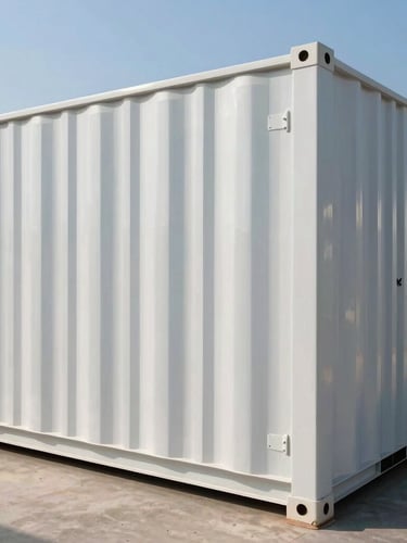 Straight-on technical shot of a large industrial battery energy storage system (BESS) container, white metal paneling, clean geometric lines, bright daylight, sharp shadows, reflection of blue sky.