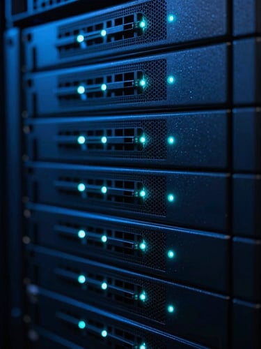 Macro close-up of modern server rack hardware, glowing cyan indicator lights, deep slate shadows, high contrast, 35mm lens