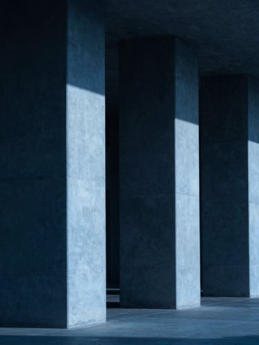 Moody architectural photography of clean geometric concrete columns casting sharp shadows, cool blue neon light accent, 35mm lens