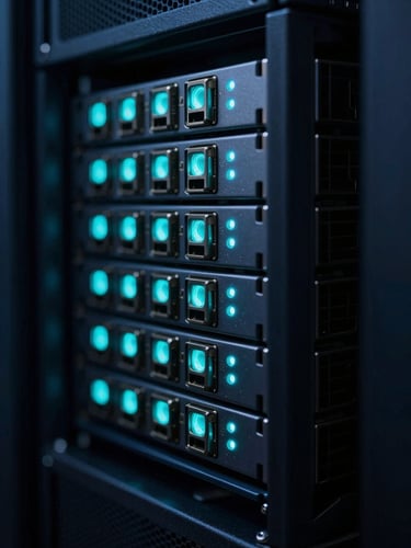 Macro close-up of modern server rack nodes, glowing cyan indicator lights, deep slate shadows, sharp focus, 35mm lens