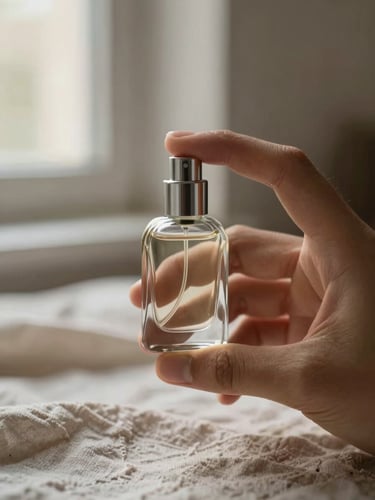 Extreme close-up of a hand holding a small glass perfume bottle against soft out-of-focus linen fabric, early morning north window light, warm neutral tones, intentional negative space above
