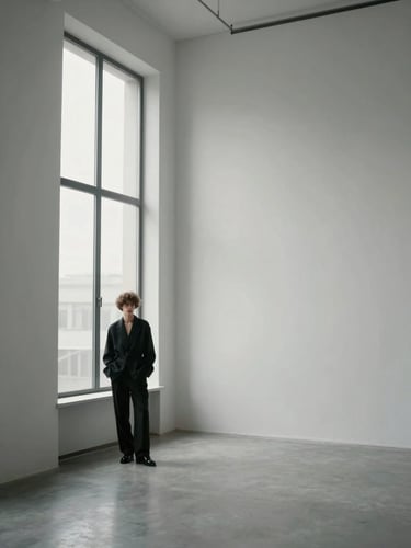 Wide editorial shot of a fashion creator standing near a tall window in a minimal studio interior, soft north-facing light, figure placed left third, generous empty wall to the right, monochromatic tones