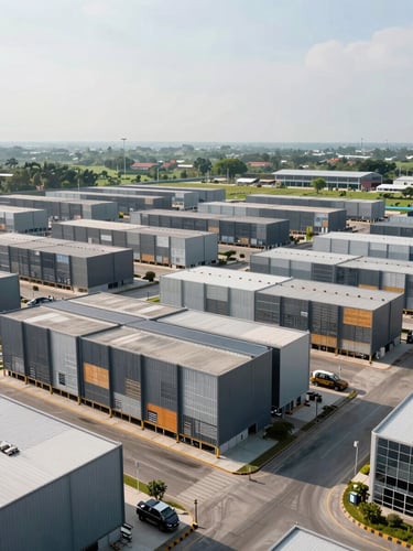 Wide environmental shot of a modern, highly organized distribution hub in Indonesia, clean architectural lines, bright natural lighting.