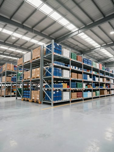 Wide-angle architectural view of a modern high-capacity distribution center interior, pristine floors, clean steel shelving, bright natural light from high windows, Indonesian logistics hub.