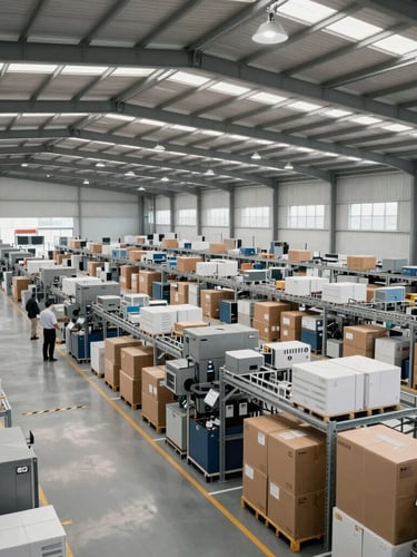 Wide panoramic shot of a highly organized, modern automated distribution center in Indonesia, clean architectural lines, bright natural light, professional environment.