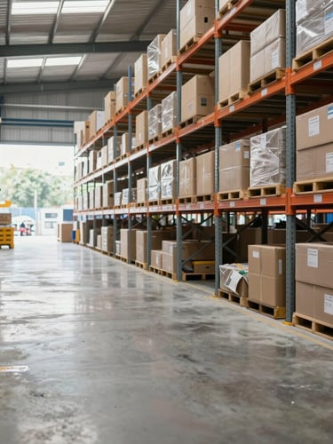 Wide environmental shot of a highly organized modern distribution hub in Indonesia, bright natural light reflecting off clean concrete floors, high-capacity racking systems visible in background.