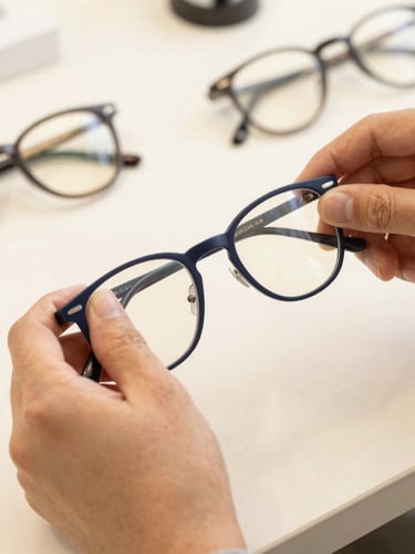 Close-up of an optician's hands carefully adjusting a premium dark blue glasses frame with specialized precision tools on a clean workshop table, warm lighting, shallow depth of field, bright editorial style