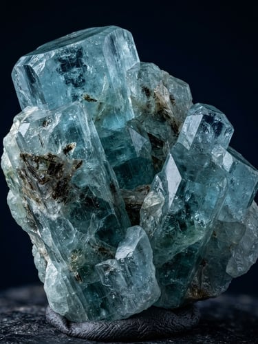 Macro studio photography of raw, unpolished aquamarine crystal specimen with sharp crystalline facets, deep navy background, sharp directional lighting, 105mm