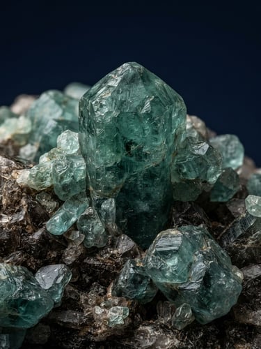 Macro studio photography of raw unpolished aquamarine crystals, sharp directional lighting, deep navy background, rich natural mineral textures, 105mm