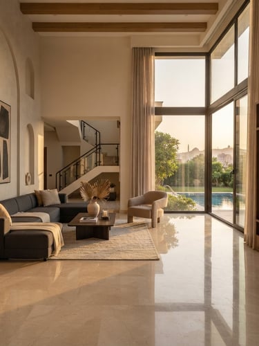 Wide-angle architectural photograph of a luxury Cairo villa living room, warm natural golden-hour window light reflecting on polished marble floor, minimalist furniture, 35mm lens.