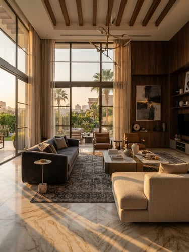 Wide-angle architectural shot of a completed luxury Cairo villa living room, warm golden-hour window light casting long shadows on premium marble flooring and bespoke wood paneling, rich charcoal and beige tones, sharp focus, 35mm lens