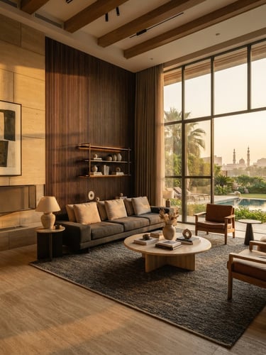 Wide-angle architectural shot of a luxury Cairo villa living room, warm golden-hour window light illuminating bespoke oak wall panels and clean stone joints, 35mm lens.