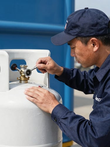 A certified technician in a clean navy uniform inspecting a white Amerigas propane tank under bright natural daylight, close-up, sharp focus
