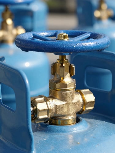 Close-up of a heavy-duty brass propane tank valve, clean industrial focus, sharp daylight photography, 35mm