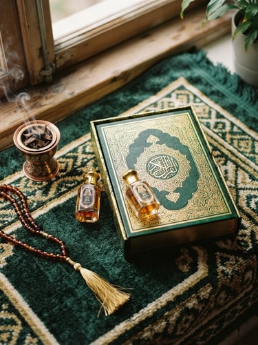 Overhead warm editorial photography of a curated Islamic gift set with a textured prayer rug, a small glass bottle of attar, and a closed Quran in a green and gold box, soft morning window light, 35mm
