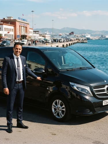 A professional Moroccan private driver in a dark suit standing next to a clean black Mercedes van parked at the Tangier port terminal, overlooking the blue Mediterranean sea, bright daylight, warm editorial travel photography.