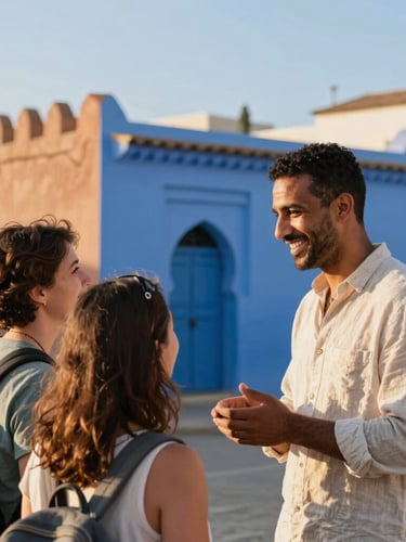 A friendly local Moroccan guide in a light linen shirt conversing warmly with a couple of travelers in the historic Kasbah of Tangier, soft golden hour sunlight, warm editorial photography.