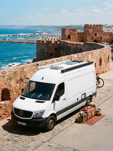 A clean private Mercedes van parked near the historic Tangier coastal wall, bright Mediterranean daylight, rich blue and terracotta tones, warm editorial travel photography